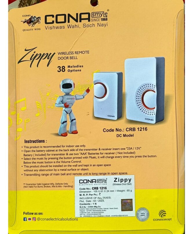 Cona Smyle Zippy Wireless Remote DoorBell COVER BACK