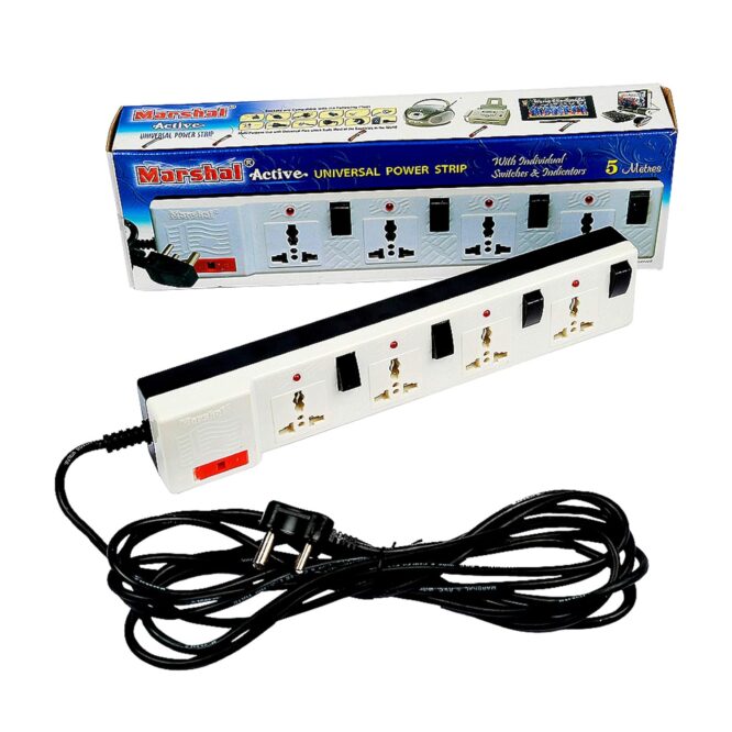 Marshal Universal Extension Power Box White  |Power Strip With Individual Switches & Indicators | 4 Socket with 4 switches| Available Cable Size : 2m , 5m