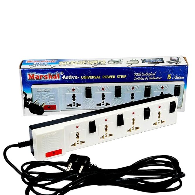 Marshal Universal Extension Power Box White  |Power Strip With Individual Switches & Indicators | 4 Socket with 4 switches| Available Cable Size : 2m , 5m