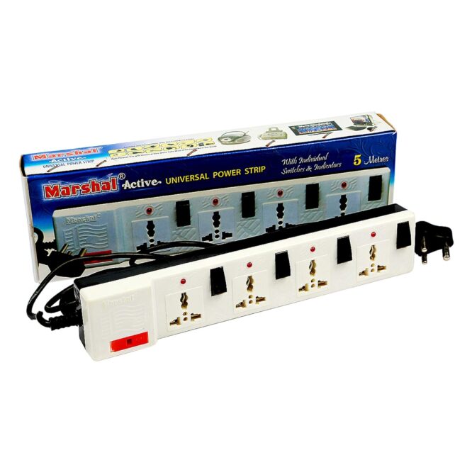 Marshal Universal Extension Power Box White  |Power Strip With Individual Switches & Indicators | 4 Socket with 4 switches| Available Cable Size : 2m , 5m