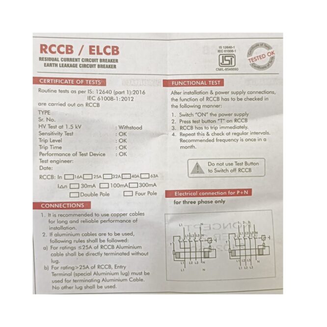 Koncept RCCB / ELCB 40A / 30MA Different Poles Available : DP , FP